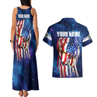 Bass Fishing Couples Matching Tank Maxi Dress and Hawaiian Shirt American Flag Patriotic and Cosmic Galaxy in Blue Red - Wonder Print Shop