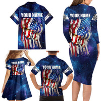Bass Fishing Family Matching Long Sleeve Bodycon Dress and Hawaiian Shirt American Flag Patriotic and Cosmic Galaxy in Blue Red - Wonder Print Shop