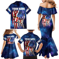 Bass Fishing Family Matching Mermaid Dress and Hawaiian Shirt American Flag Patriotic and Cosmic Galaxy in Blue Red - Wonder Print Shop