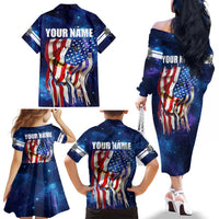 Bass Fishing Family Matching Off The Shoulder Long Sleeve Dress and Hawaiian Shirt American Flag Patriotic and Cosmic Galaxy in Blue Red - Wonder Print Shop