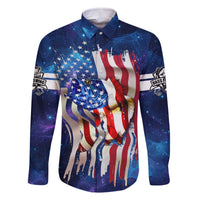 Bass Fishing Family Matching Off The Shoulder Long Sleeve Dress and Hawaiian Shirt American Flag Patriotic and Cosmic Galaxy in Blue Red - Wonder Print Shop