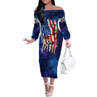 Bass Fishing Family Matching Off The Shoulder Long Sleeve Dress and Hawaiian Shirt American Flag Patriotic and Cosmic Galaxy in Blue Red - Wonder Print Shop