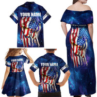 Bass Fishing Family Matching Off Shoulder Maxi Dress and Hawaiian Shirt American Flag Patriotic and Cosmic Galaxy in Blue Red - Wonder Print Shop