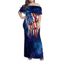 Bass Fishing Family Matching Off Shoulder Maxi Dress and Hawaiian Shirt American Flag Patriotic and Cosmic Galaxy in Blue Red - Wonder Print Shop
