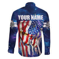 Bass Fishing Family Matching Off Shoulder Short Dress and Hawaiian Shirt American Flag Patriotic and Cosmic Galaxy in Blue Red - Wonder Print Shop