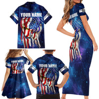 Bass Fishing Family Matching Short Sleeve Bodycon Dress and Hawaiian Shirt American Flag Patriotic and Cosmic Galaxy in Blue Red - Wonder Print Shop