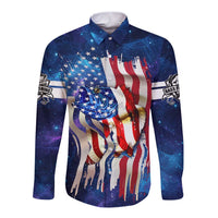 Bass Fishing Long Sleeve Button Shirt American Flag Patriotic and Cosmic Galaxy in Blue Red - Wonder Print Shop
