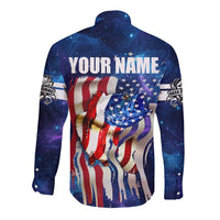 Bass Fishing Long Sleeve Button Shirt American Flag Patriotic and Cosmic Galaxy in Blue Red - Wonder Print Shop