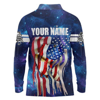 Bass Fishing Long Sleeve Polo Shirt American Flag Patriotic and Cosmic Galaxy in Blue Red - Wonder Print Shop