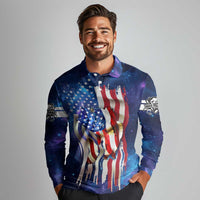 Bass Fishing Long Sleeve Polo Shirt American Flag Patriotic and Cosmic Galaxy in Blue Red - Wonder Print Shop