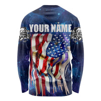 Bass Fishing Long Sleeve Shirt American Flag Patriotic and Cosmic Galaxy in Blue Red - Wonder Print Shop