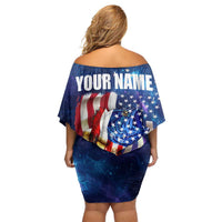 Bass Fishing Off Shoulder Short Dress American Flag Patriotic and Cosmic Galaxy in Blue Red - Wonder Print Shop