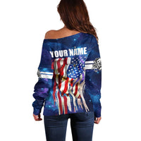 Bass Fishing Off Shoulder Sweater American Flag Patriotic and Cosmic Galaxy in Blue Red - Wonder Print Shop