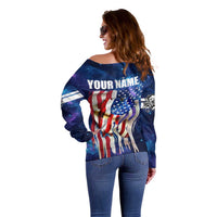Bass Fishing Off Shoulder Sweater American Flag Patriotic and Cosmic Galaxy in Blue Red - Wonder Print Shop