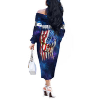 Bass Fishing Off The Shoulder Long Sleeve Dress American Flag Patriotic and Cosmic Galaxy in Blue Red - Wonder Print Shop