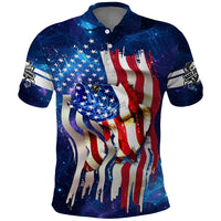 Bass Fishing Polo Shirt American Flag Patriotic and Cosmic Galaxy in Blue Red - Wonder Print Shop