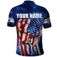 Bass Fishing Polo Shirt American Flag Patriotic and Cosmic Galaxy in Blue Red - Wonder Print Shop