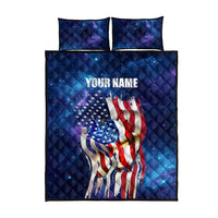 Bass Fishing Quilt Bed Set American Flag Patriotic and Cosmic Galaxy in Blue Red - Wonder Print Shop