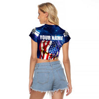 Bass Fishing Raglan Cropped T Shirt American Flag Patriotic and Cosmic Galaxy in Blue Red - Wonder Print Shop