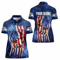 Bass Fishing Women Polo Shirt American Flag Patriotic and Cosmic Galaxy in Blue Red - Wonder Print Shop