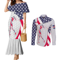 Personalized American Flag Golf Couples Matching Mermaid Dress and Long Sleeve Button Shirt Female Silhouette and Red White Blue Golf Bag Graphic - Wonder Print Shop