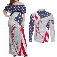 Personalized American Flag Golf Couples Matching Off Shoulder Maxi Dress and Long Sleeve Button Shirt Female Silhouette and Red White Blue Golf Bag Graphic - Wonder Print Shop