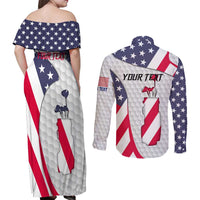Personalized American Flag Golf Couples Matching Off Shoulder Maxi Dress and Long Sleeve Button Shirt Female Silhouette and Red White Blue Golf Bag Graphic - Wonder Print Shop