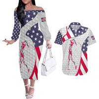 Personalized American Flag Golf Couples Matching Off The Shoulder Long Sleeve Dress and Hawaiian Shirt Female Silhouette and Red White Blue Golf Bag Graphic - Wonder Print Shop