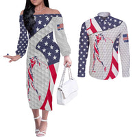 Personalized American Flag Golf Couples Matching Off The Shoulder Long Sleeve Dress and Long Sleeve Button Shirt Female Silhouette and Red White Blue Golf Bag Graphic - Wonder Print Shop
