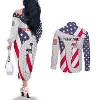 Personalized American Flag Golf Couples Matching Off The Shoulder Long Sleeve Dress and Long Sleeve Button Shirt Female Silhouette and Red White Blue Golf Bag Graphic - Wonder Print Shop