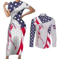 Personalized American Flag Golf Couples Matching Short Sleeve Bodycon Dress and Long Sleeve Button Shirt Female Silhouette and Red White Blue Golf Bag Graphic - Wonder Print Shop