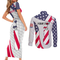Personalized American Flag Golf Couples Matching Short Sleeve Bodycon Dress and Long Sleeve Button Shirt Female Silhouette and Red White Blue Golf Bag Graphic - Wonder Print Shop