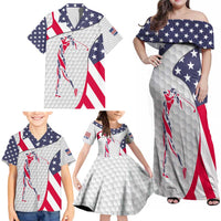 Personalized American Flag Golf Family Matching Off Shoulder Maxi Dress and Hawaiian Shirt Female Silhouette and Red White Blue Golf Bag Graphic - Wonder Print Shop