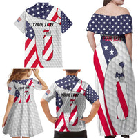 Personalized American Flag Golf Family Matching Off Shoulder Maxi Dress and Hawaiian Shirt Female Silhouette and Red White Blue Golf Bag Graphic - Wonder Print Shop