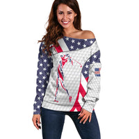 Personalized American Flag Golf Off Shoulder Sweater Female Silhouette and Red White Blue Golf Bag Graphic - Wonder Print Shop