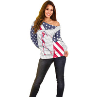 Personalized American Flag Golf Off Shoulder Sweater Female Silhouette and Red White Blue Golf Bag Graphic - Wonder Print Shop