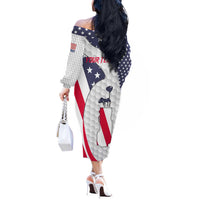 Personalized American Flag Golf Off The Shoulder Long Sleeve Dress Female Silhouette and Red White Blue Golf Bag Graphic - Wonder Print Shop