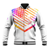 USA Golf Design Baseball Jacket Watercolor Female Silhouette and Orange Gradient Flag and Ball Pattern - Wonder Print Shop
