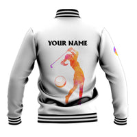 USA Golf Design Baseball Jacket Watercolor Female Silhouette and Orange Gradient Flag and Ball Pattern - Wonder Print Shop