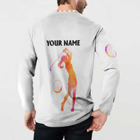 USA Golf Design Button Sweatshirt Watercolor Female Silhouette and Orange Gradient Flag and Ball Pattern - Wonder Print Shop