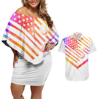 USA Golf Design Couples Matching Off Shoulder Short Dress and Hawaiian Shirt Watercolor Female Silhouette and Orange Gradient Flag and Ball Pattern - Wonder Print Shop