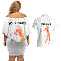 USA Golf Design Couples Matching Off Shoulder Short Dress and Hawaiian Shirt Watercolor Female Silhouette and Orange Gradient Flag and Ball Pattern - Wonder Print Shop