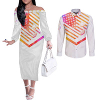 USA Golf Design Couples Matching Off The Shoulder Long Sleeve Dress and Long Sleeve Button Shirt Watercolor Female Silhouette and Orange Gradient Flag and Ball Pattern - Wonder Print Shop