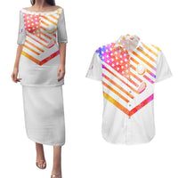 USA Golf Design Couples Matching Puletasi and Hawaiian Shirt Watercolor Female Silhouette and Orange Gradient Flag and Ball Pattern - Wonder Print Shop