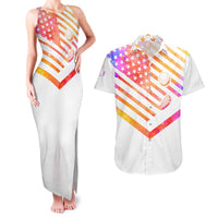 USA Golf Design Couples Matching Tank Maxi Dress and Hawaiian Shirt Watercolor Female Silhouette and Orange Gradient Flag and Ball Pattern - Wonder Print Shop