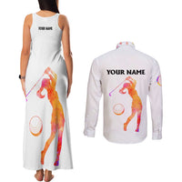 USA Golf Design Couples Matching Tank Maxi Dress and Long Sleeve Button Shirt Watercolor Female Silhouette and Orange Gradient Flag and Ball Pattern - Wonder Print Shop
