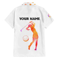 USA Golf Design Family Matching Off The Shoulder Long Sleeve Dress and Hawaiian Shirt Watercolor Female Silhouette and Orange Gradient Flag and Ball Pattern - Wonder Print Shop