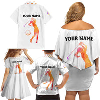 USA Golf Design Family Matching Off Shoulder Short Dress and Hawaiian Shirt Watercolor Female Silhouette and Orange Gradient Flag and Ball Pattern - Wonder Print Shop