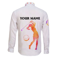 USA Golf Design Family Matching Short Sleeve Bodycon Dress and Hawaiian Shirt Watercolor Female Silhouette and Orange Gradient Flag and Ball Pattern - Wonder Print Shop