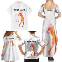 USA Golf Design Family Matching Summer Maxi Dress and Hawaiian Shirt Watercolor Female Silhouette and Orange Gradient Flag and Ball Pattern - Wonder Print Shop